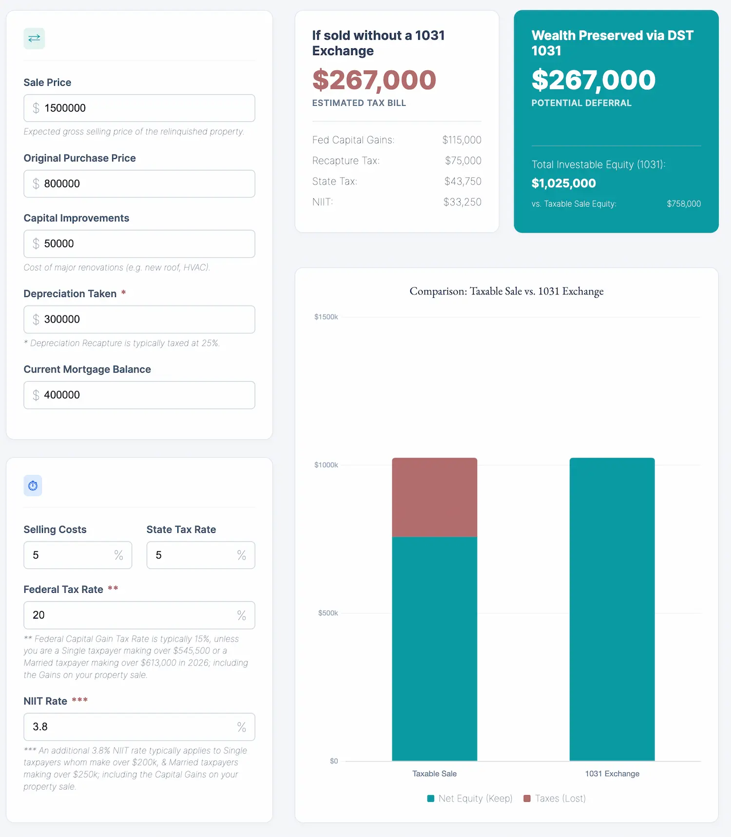 1031 tax savings calculator preview